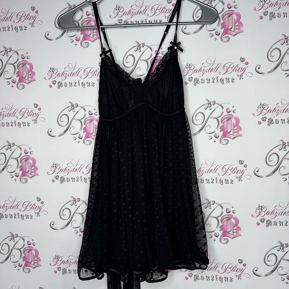 La vie en rose babydoll dress hearts black ribbon tie up bows diamond crystals - Picture 1 of 8